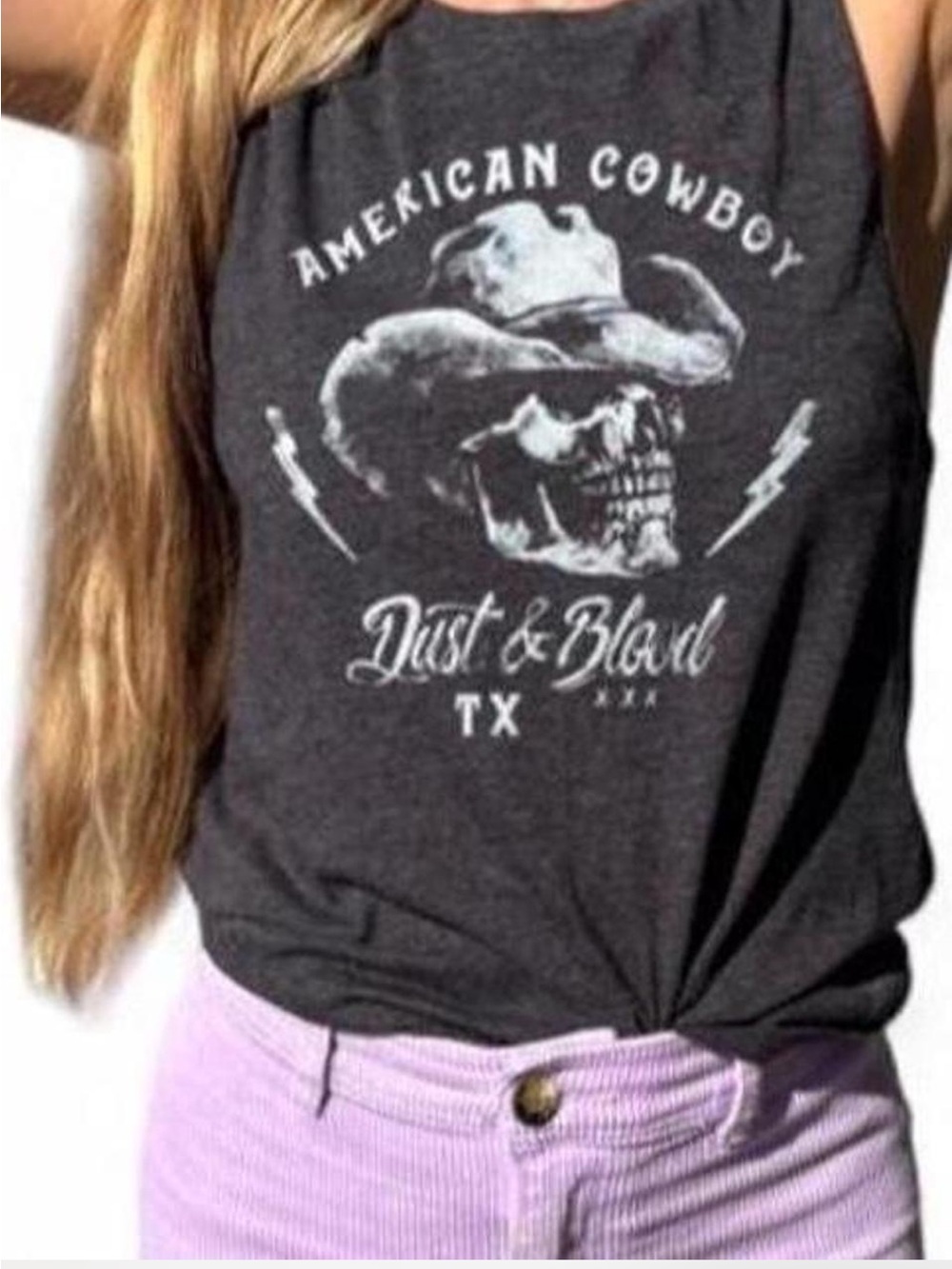 Boho cowboy dark gray skull head graphic summer festival tank top M